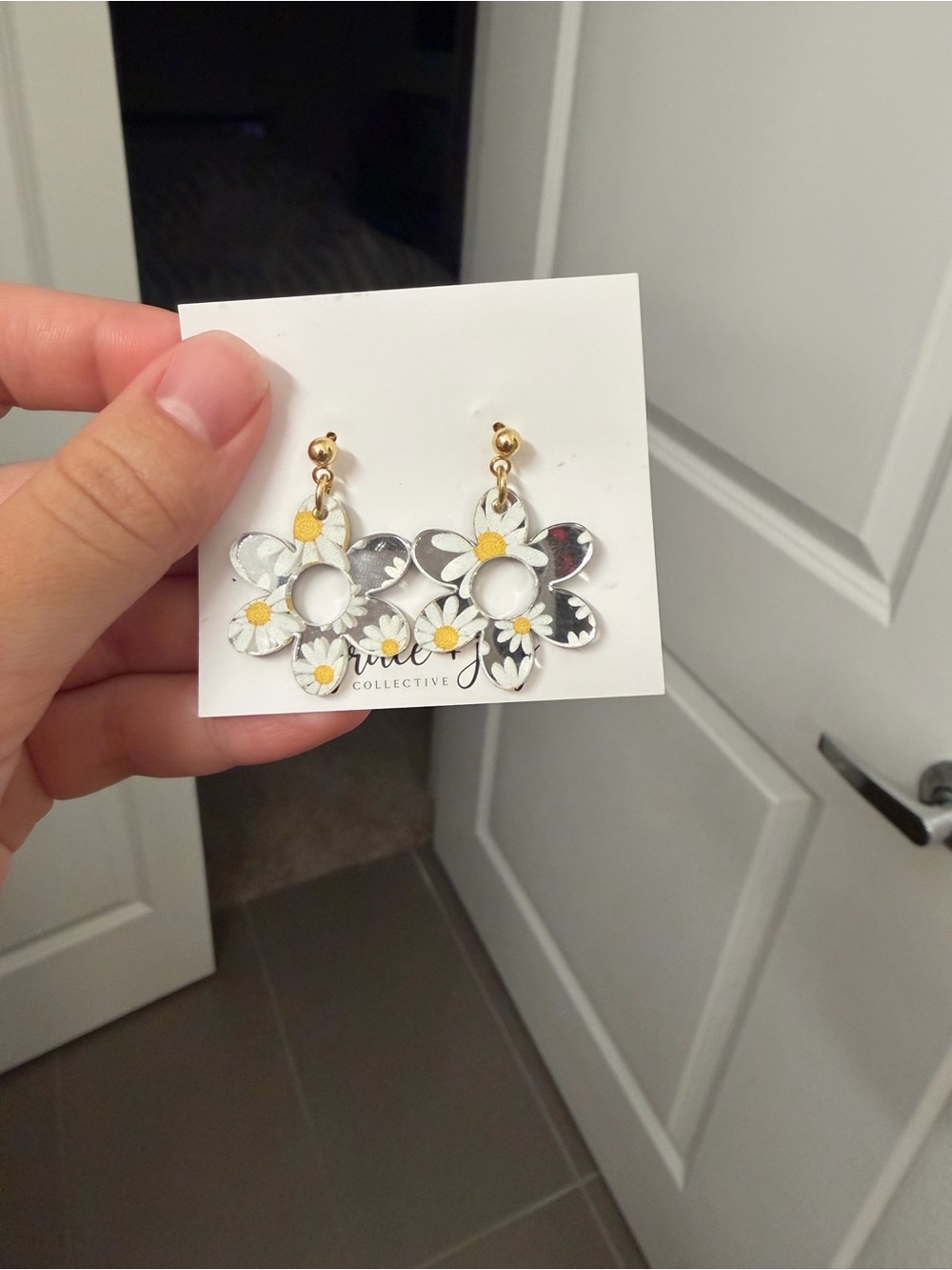 White Daisy Drop Mirror Earrings with Yellow Centers